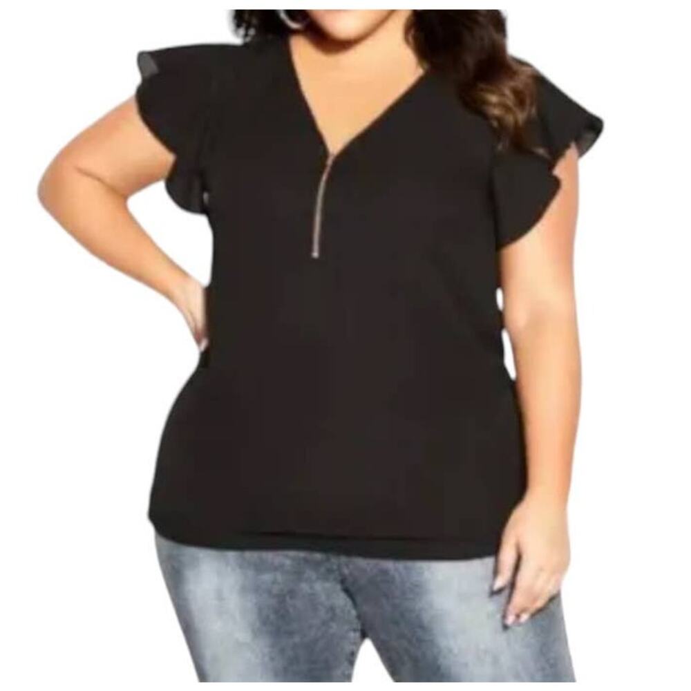 City Chic top Zip Fling Flutter sleeve blouse black XXL (24)